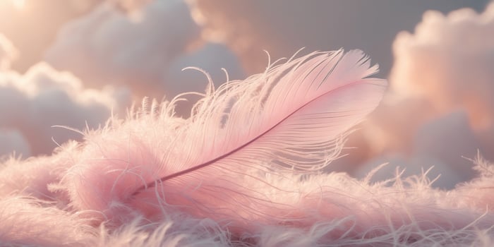 Soft pink feather resting on a dreamy pastel landscape. photo