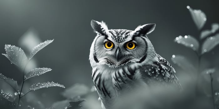 Mysterious Owl Peering Through Leaves at Night. photo