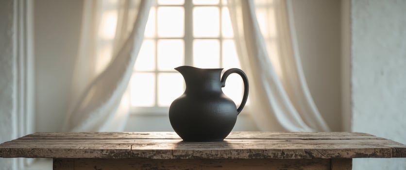 Black Pitcher on Rustic Wooden Table Near Window. photo
