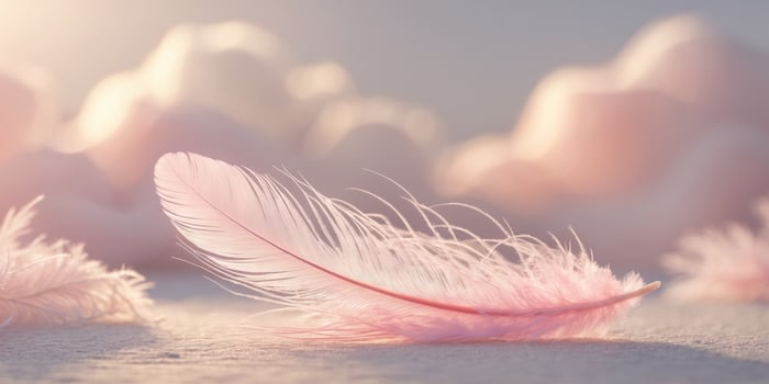 Soft pink feather resting on a dreamy pastel landscape photo