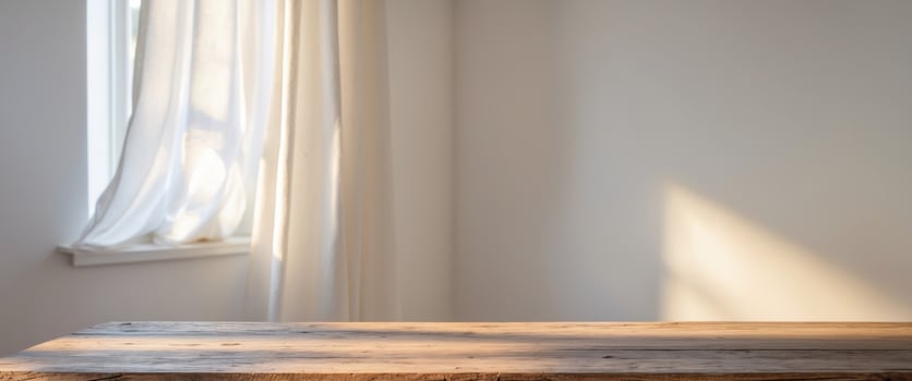 a close up of a wooden desk near a window. photo