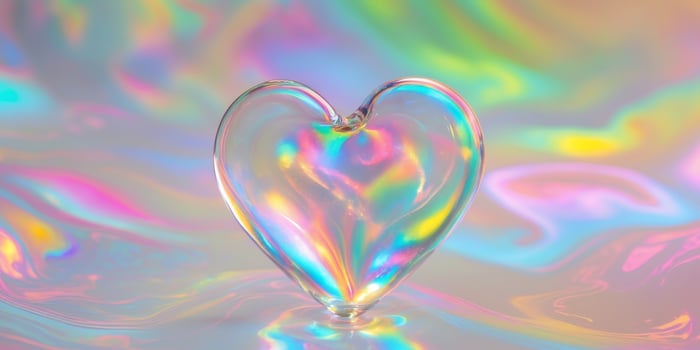 Glass heart on iridescent surface with colorful background. photo