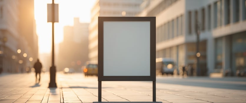 Empty outdoor advertising board on city sidewalk on sunny day. photo