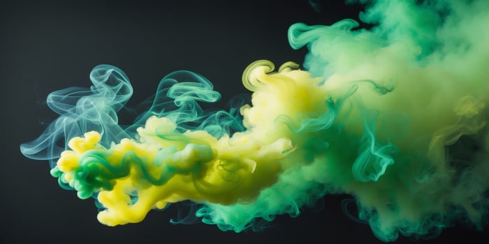 Dynamic green and yellow smoke cloud on dark background photo