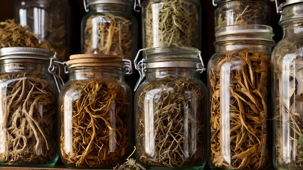 Dried Herbs and Roots in Glass Jars Herbal Apothecary photo