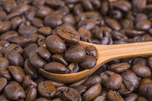 Roasted coffee beans in a wooden spoon. photo