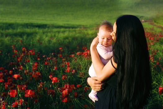 girl with a child in a poppy field photo