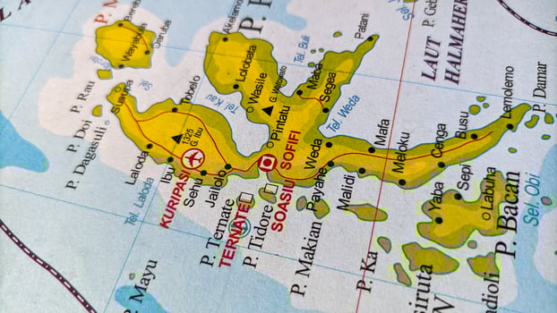 Halmahera island and Ternate city on map and Small towns around it. photo
