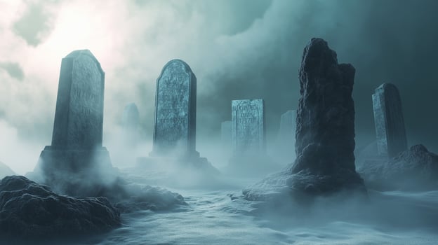 A group of stone pillars in the fog photo