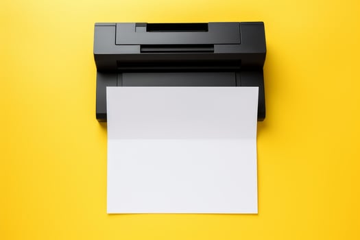 Black printer printing blank paper on yellow background photo