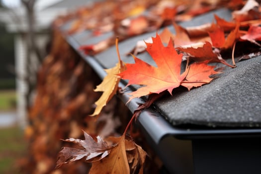 Fallen autumn maple leaves clogging a roof gutter photo