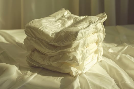 Stack of clean and fresh white duvet covers resting on a bed photo