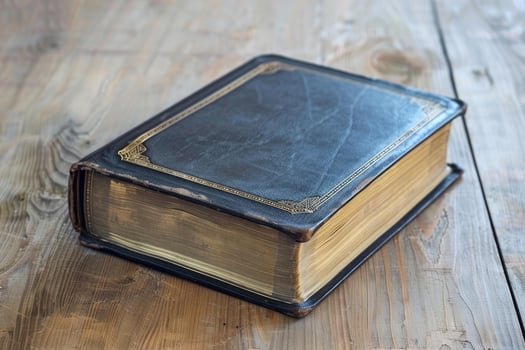 Antique book with golden ornaments resting on a wooden table photo