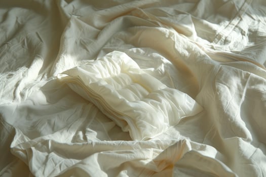 White pillow lying on unmade bed in sun photo