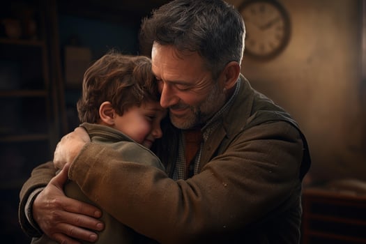 Carpenter father embracing son with affection in workshop photo