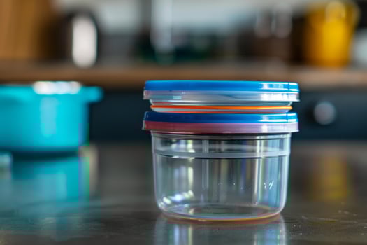 Empty plastic food container sitting on kitchen countertop photo