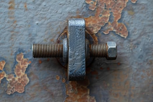 Rusty screw holding metal plate on a rusty metal surface photo