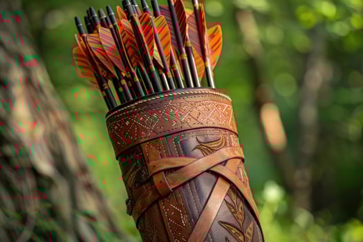 Leather quiver full of arrows hanging on a tree in the forest photo