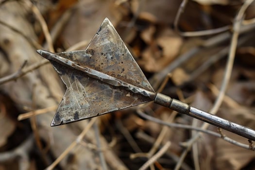 Close up of forged metal arrowhead lying on forest floor photo