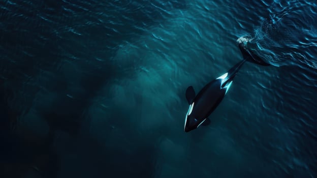 An aerial view of a killer whale swimming in the ocean photo