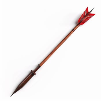 Wooden arrow pointing up with red feathers on white background photo