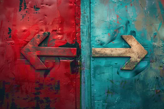 Red and blue metal doors with arrows pointing in opposite directions photo