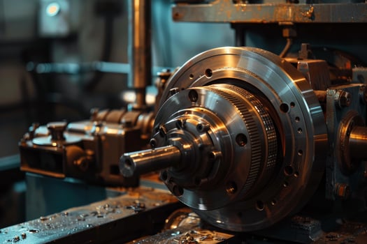 Industrial lathe machine cutting metal in workshop photo