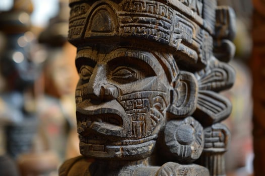 Wooden statue depicting ancient mayan deity with elaborate headdress photo