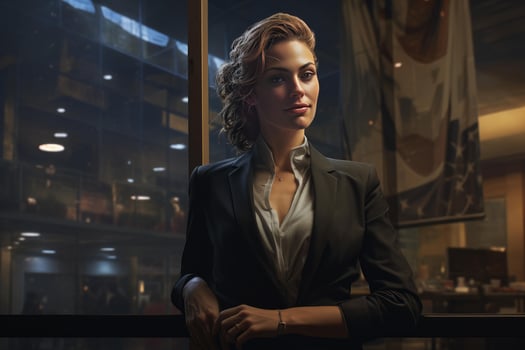 Elegant businesswoman posing in modern office at night photo