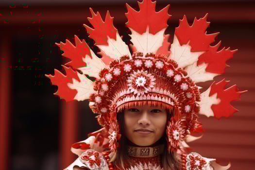Young woman wearing traditional headdress with maple leaves celebrating canada day photo