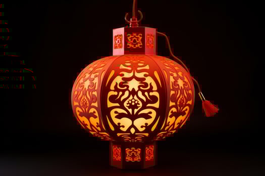 Glowing red chinese paper lantern hanging on black background photo