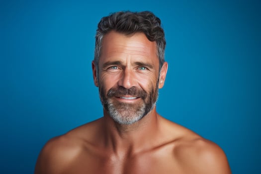 Handsome smiling mature man with grey hair and beard showing strong healthy body on blue background photo