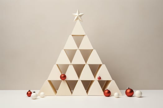 Modern christmas tree made of triangles with red and white baubles celebrating christmas time photo