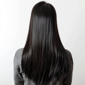 Woman showing her long straight black hair back view photo