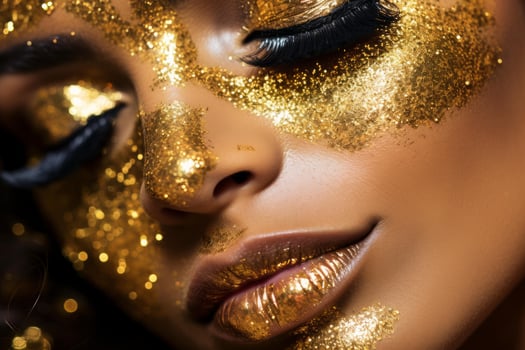 Golden makeup on beautiful black woman face with closed eyes photo