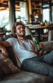 A man is sitting on a couch with a beer photo