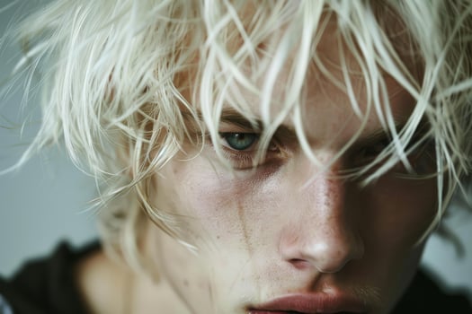 Portrait of androgynous male model with messy platinum blond hair and blue eyes looking down photo