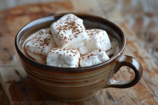 Steaming mug of hot chocolate with marshmallows and cocoa powder photo