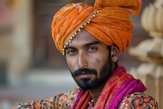 Indian man wearing traditional turban and clothes posing in temple photo