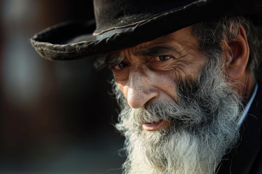 Senior man with long white beard and black hat posing for portrait photo