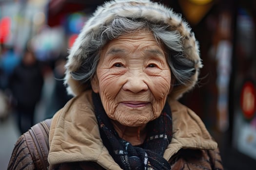 Elderly asian woman smiling in a busy street market photo