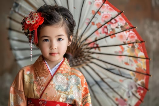 Young japanese girl wearing traditional kimono posing with umbrella photo