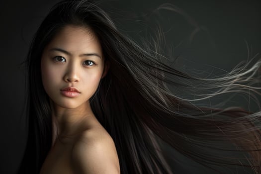 Beautiful asian woman with long flowing hair on dark background photo