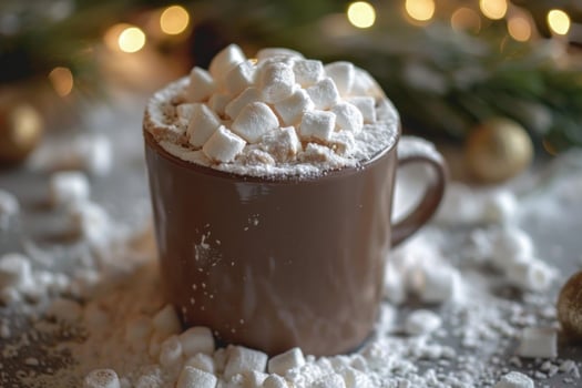 Steaming mug of hot chocolate with marshmallows and powdered sugar during christmas time photo