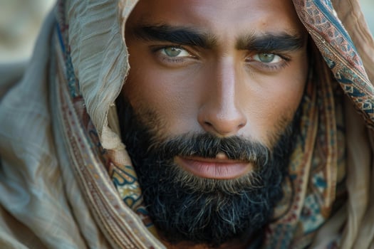 Portrait of bedouin man wearing traditional headdress showing intense gaze photo