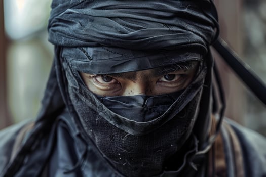 Ninja assassin wearing black clothes and mask is looking menace photo