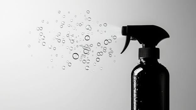 A black spray bottle releases fine droplets of cleaning solution, creating a mist. photo