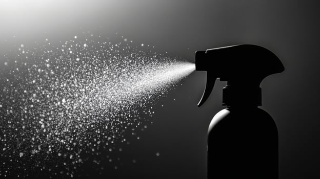 A close-up of a spray bottle releasing a fine mist, illustrating the process of spring cleaning. The background is dark, emphasizing the spray's movement and creating a fresh atmosphere of renewal. photo