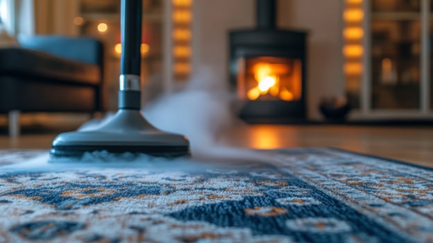 Domestic chores take place as steam emits from a cleaning device, freshening a decorative rug near a warm fireplace. This spring cleaning effort breathes new life into the living space. photo
