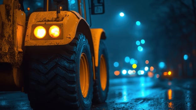 A construction vehicle stands on a wet street at night, illuminated by glowing streetlights in a quiet city photo